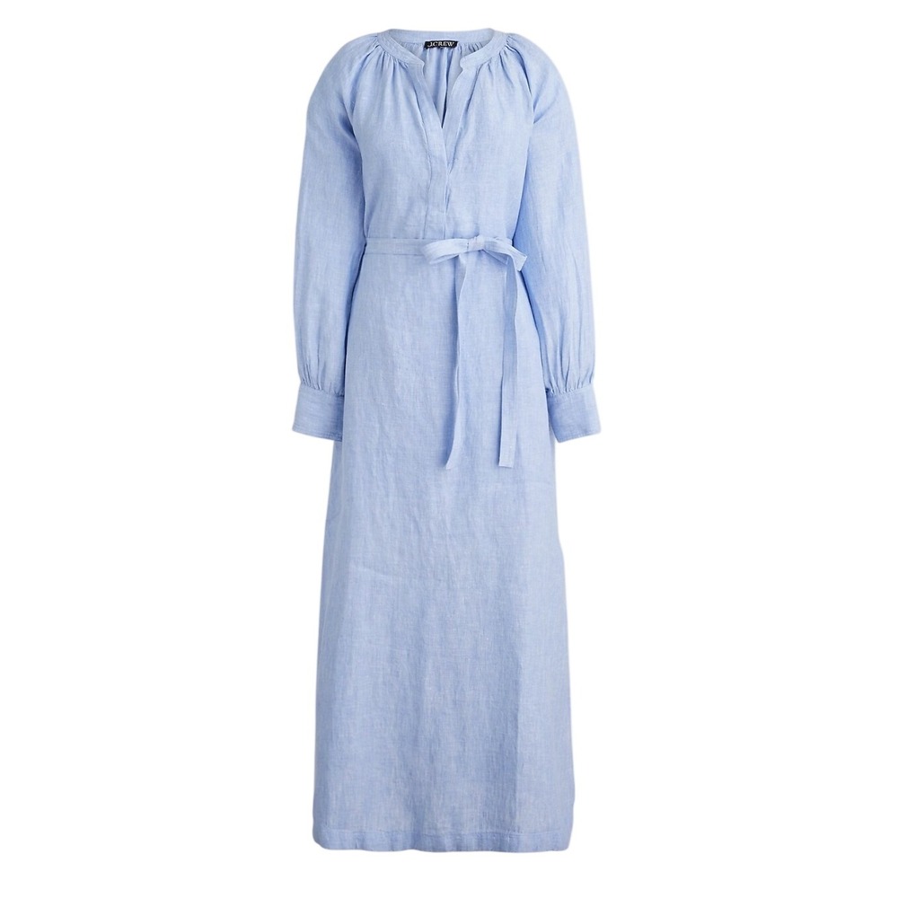 J.Crew Cabana Dress Medium Blue Linen Tie Waist Midi Coastal Beachy Resortwear
